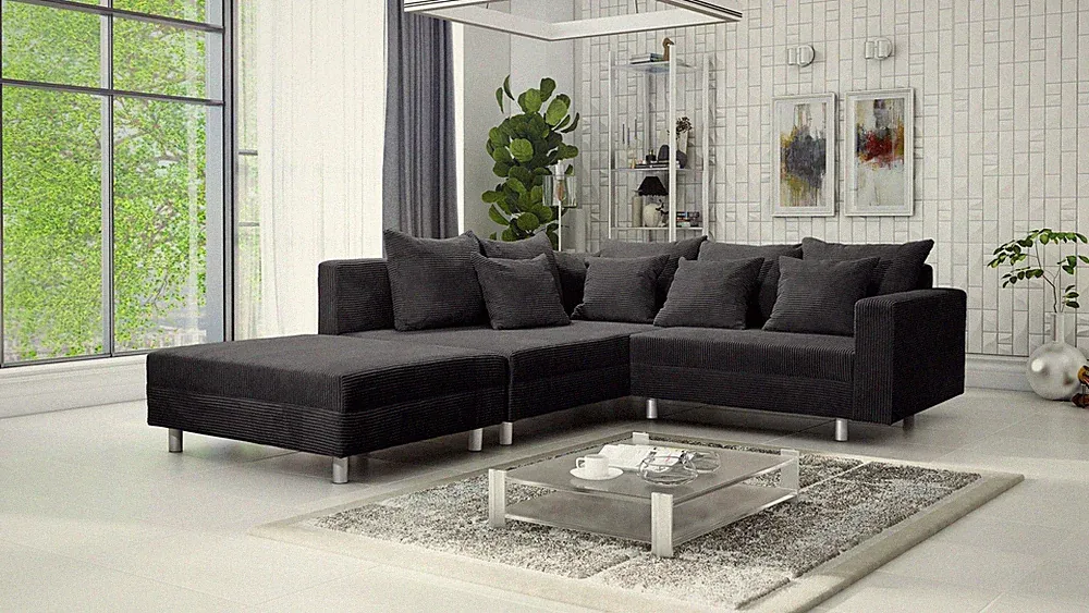 Wohnlandschaft Sofa Couch Ecksofa Eckcouch Cordstoff Graphite + Hocker Minsk L