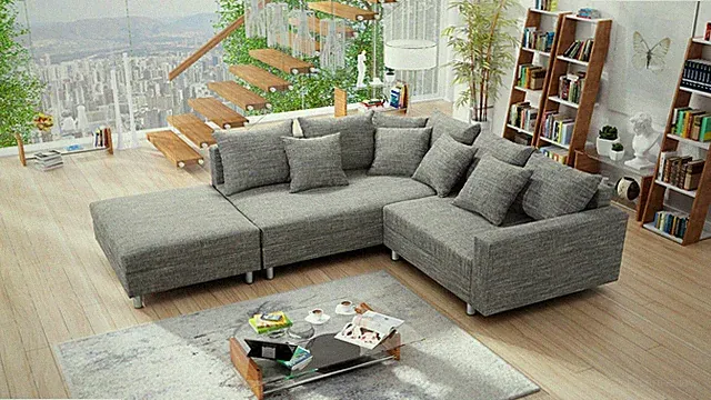 Wohnlandschaft Sofa Couch Ecksofa Eckcouch Gewebestoff hellgrau + Hocker Minsk L