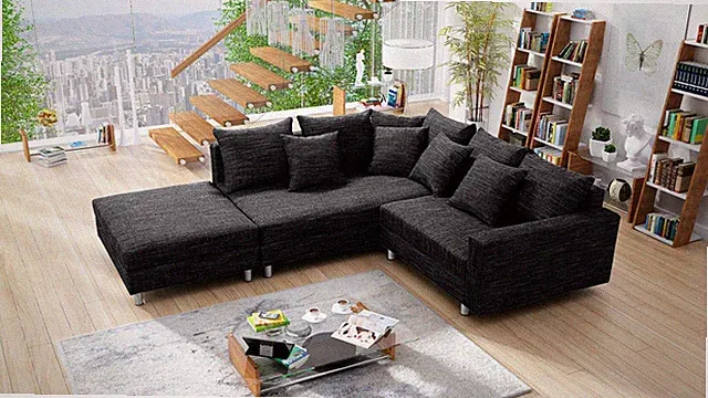 Wohnlandschaft Sofa Couch Ecksofa Eckcouch Gewebestoff schwarz + Hocker Minsk L