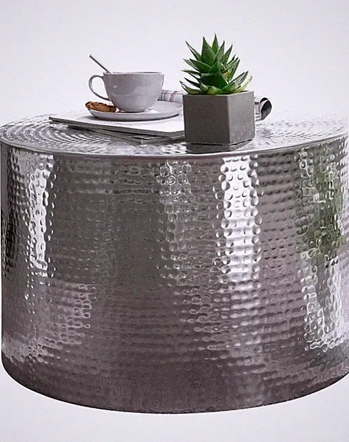 Wohnling Couchtisch Ø 61 cm Aluminium Wohnzimmertisch Sofatisch Hammerschlag NEU