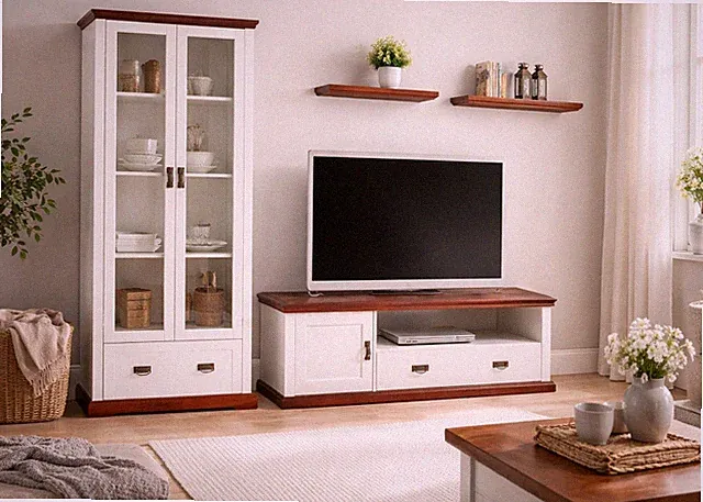Wohnwand 4tlg Landhausstil TV Regal Schrank Kiefernholz weiß kirschbaumfarben