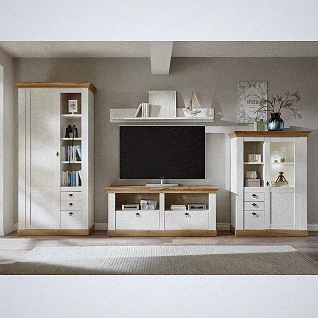 Wohnwand Anbauwand Schrankwand Set Landhaus TV Lowboard Vitrine Regal weiß Eiche