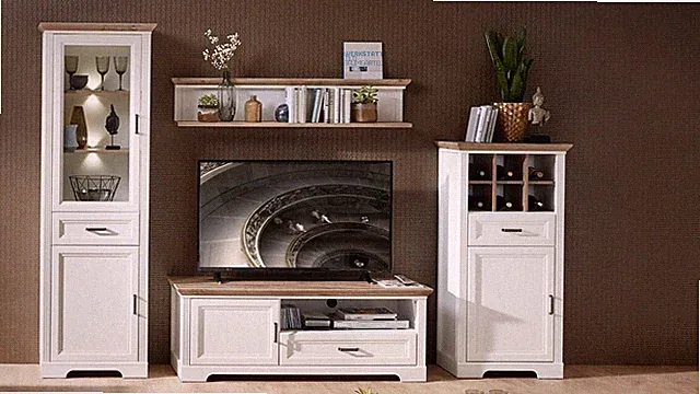 Wohnwand Anbauwand Wohnzimmer 2 Jasmin weiß undl Artisan Eiche mit LED 299cm