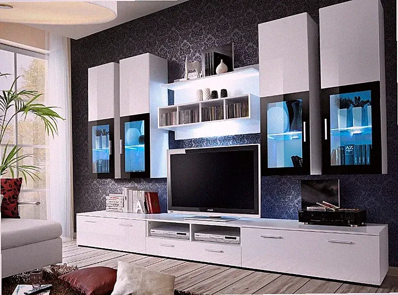 Wohnwand Anbauwand Wohnzimmer Schrankwand LYRA mit Hochglanz und Led Beleuchtung