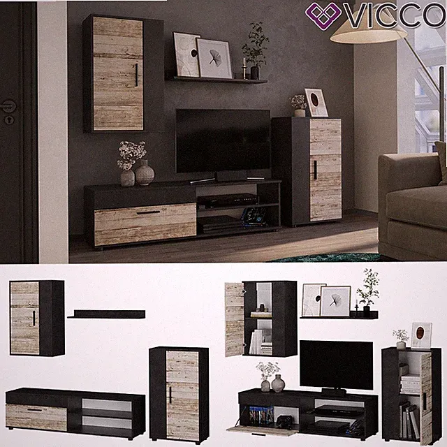 Wohnwand BERNO Hell Old Style Schrankwand Lowboard TV Hängeschrank VICCO