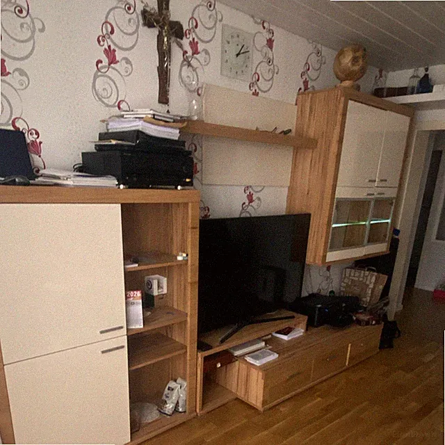 Wohnwand Chremefarbe Holz Glas mit LED, TV-Lowboard, Regale, Vitrine, modern