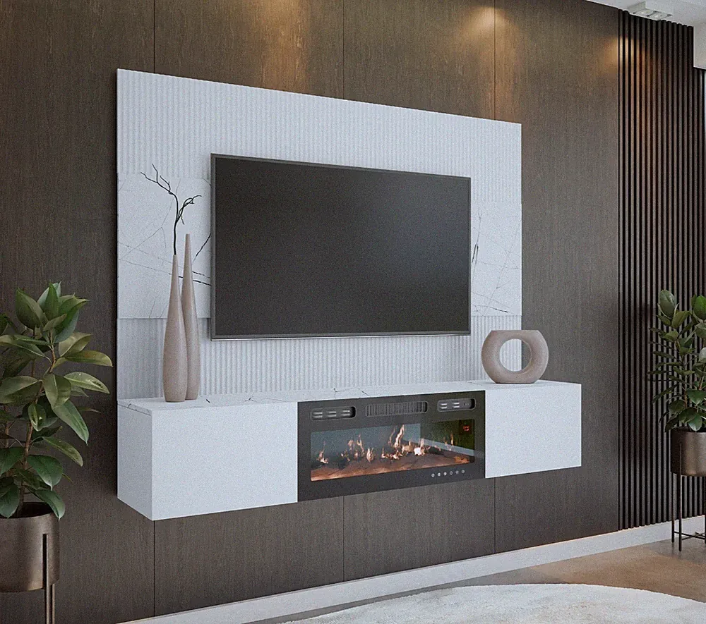 Wohnwand Deromi III mit Kamin TV-Schrank Wohnzimmer-Set Wohnmöbel Schrank M24