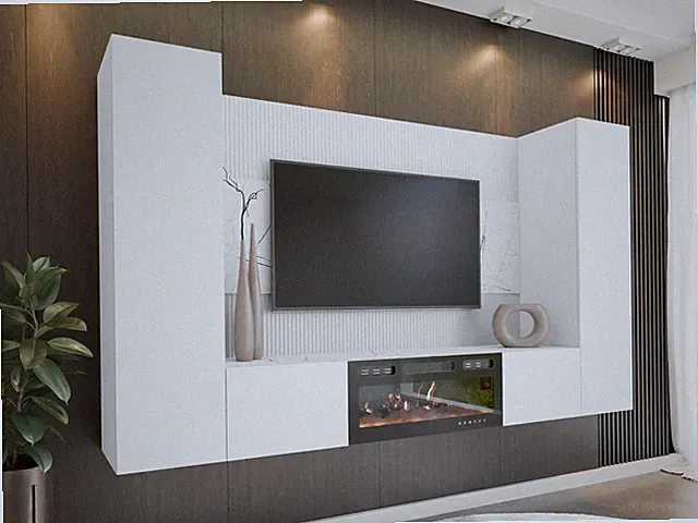 Wohnwand Deromi V mit Kamin TV-Schrank Wohnzimmer-Set Wohnmöbel Schrank