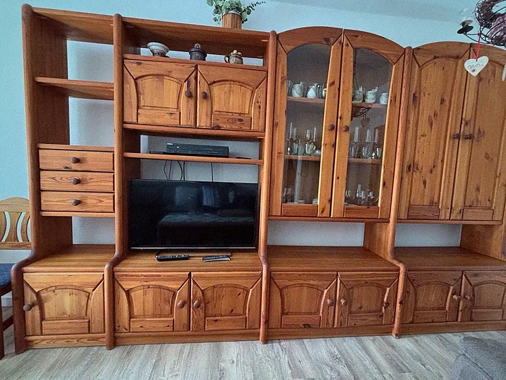 Wohnwand Holz Braun 200 cm mit TV-Fach & Vitrine, 9 Türen, 4 Schubladen