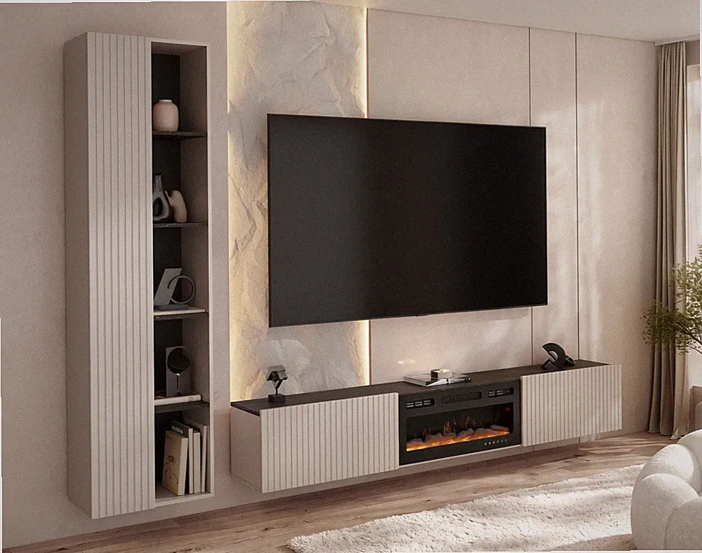 Wohnwand Ledivo mit Kamin Wohnzimmer-Set Wohnzimmer TV-Schrank Wohnmöbel M24