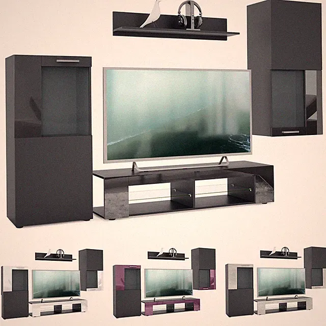 Wohnwand Lowboard Vitrine Regal Wohnzimmer Movie Schwarz Hochglanz Naturtöne