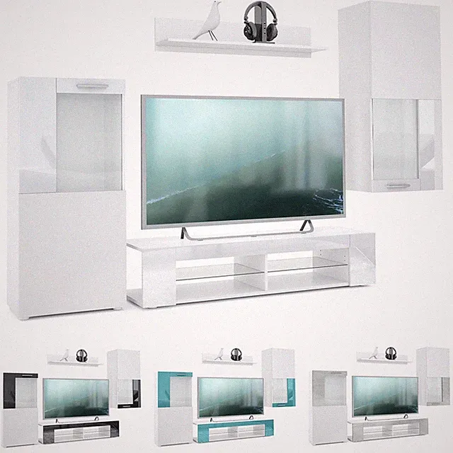 Wohnwand Lowboard Vitrine Regal Wohnzimmer Movie Weiß Hochglanz Naturtöne