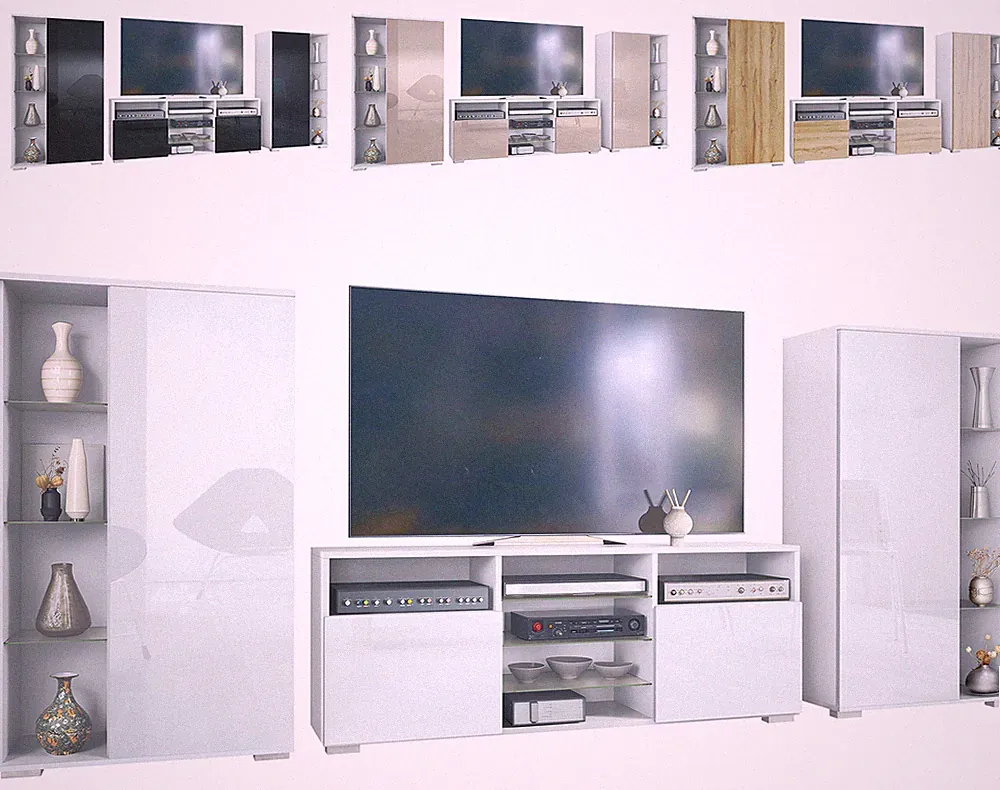 Wohnwand Lowboard Vitrine Wohnzimmer Davos Weiß matt Naturtöne