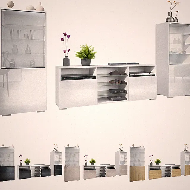 Wohnwand Lowboard Vitrine Wohnzimmer Granada Weiß matt Hochglanz Naturtöne