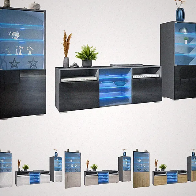 Wohnwand Lowboard Vitrine Wohnzimmer LED Granada Anthrazit matt Hochglanz