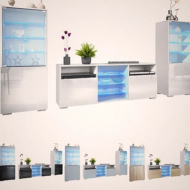 Wohnwand Lowboard Vitrine Wohnzimmer LED Granada Weiß matt Hochglanz Naturtöne