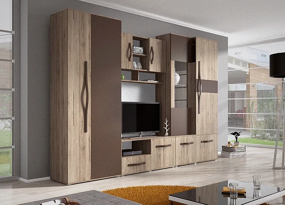 Wohnwand MASTER mit Kleiderschrank Anbauwand Wohnzimmer-Set TV Schrank LED !