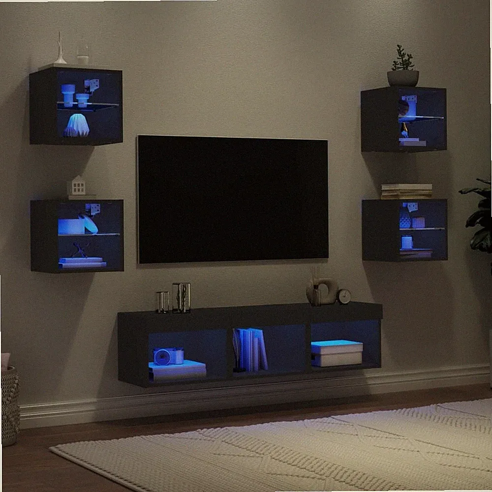 Wohnwand mit LED Wohnzimmer Set TV Schrank Möbel 6-tlg. Holzwerkstoff Hochglanz