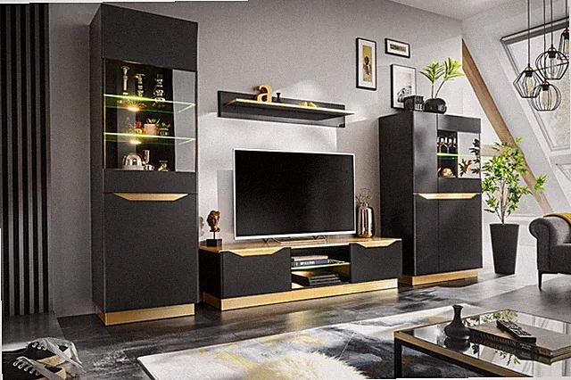 Wohnwand Modern FAME Wohnzimmer Wand TV Schrankwand Vitrine Regal Glass LED