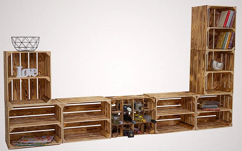 Wohnwand "Paris" mit TV Board und Kombiregalen Lowboard TV Möbel Kisten Holz