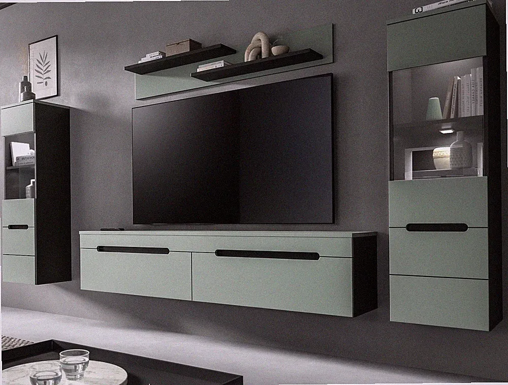 Wohnwand Schrankwand Salbei Grau Wohnzimmer Set 4-tlg mit Soft-Close LED Cooper