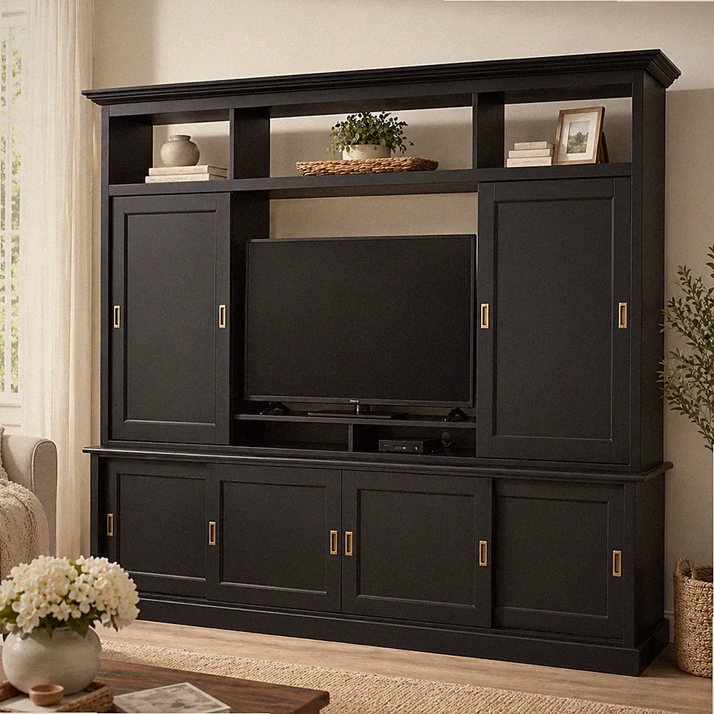 Wohnwand schwarz massiv holz TV Möbel Landhaus TV Lowboard rustikal Wohnzimmer