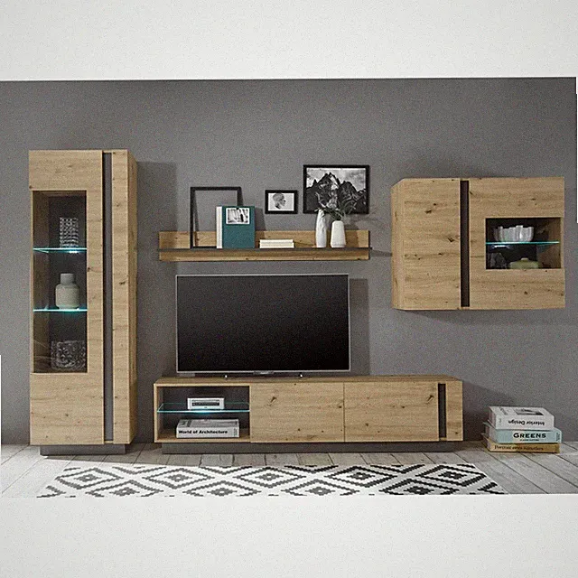 Wohnwand Set Eiche Artisan Graphit grau Vitrine Mediamöbel TV Lowboard Schrank