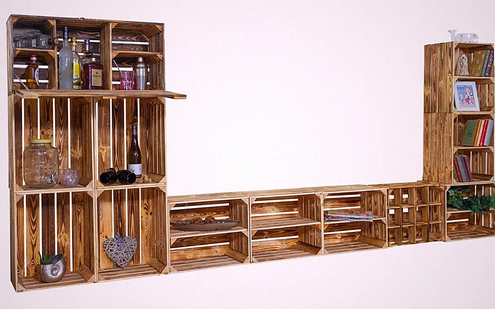Wohnwand, TV-Board und Minibar "Sienna" mit Regal Lowboard TV Möbel Kisten Holz