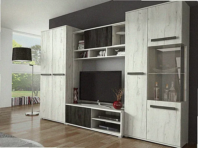 Wohnwand TV Lowboard Elegante Anbauwand Vitrine Wohnzimmer Modern Design Goya