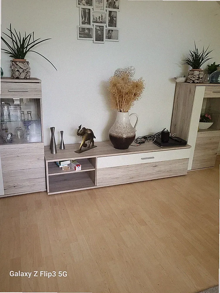 Wohnwand TV-Möbel Set Holzoptik hell Beige/Weiß 200cm mit Regal & 1 Schublade