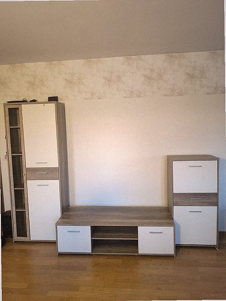 Wohnwand TV-Möbel Set Weiß/Braun Holzoptik mit Vitrine, Lowboard, 4 Türen