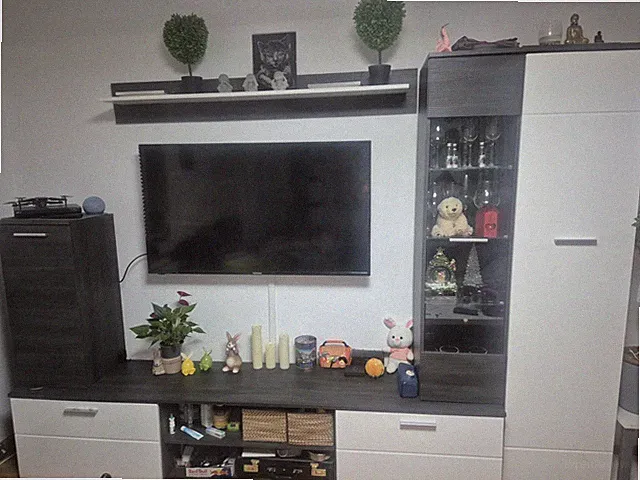 Wohnwand TV-Möbel Set Weiß/Grau mit Vitrine, Wandboard, 3 Türen, 3 Schubl.