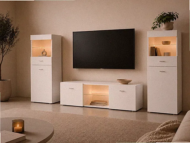 Wohnwand Vitrine TV-Schrank SET Hochglanz Schwarz Weiß Wohnzimmer Modern SCALA