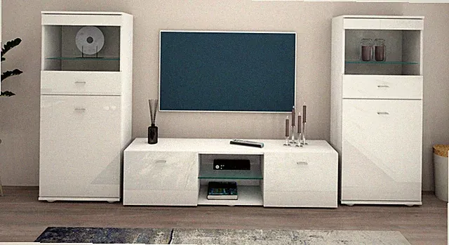 Wohnwand Vitrine TV-Schrank SET Hochglanz Schwarz Weiß Wohnzimmer Modern SCALA