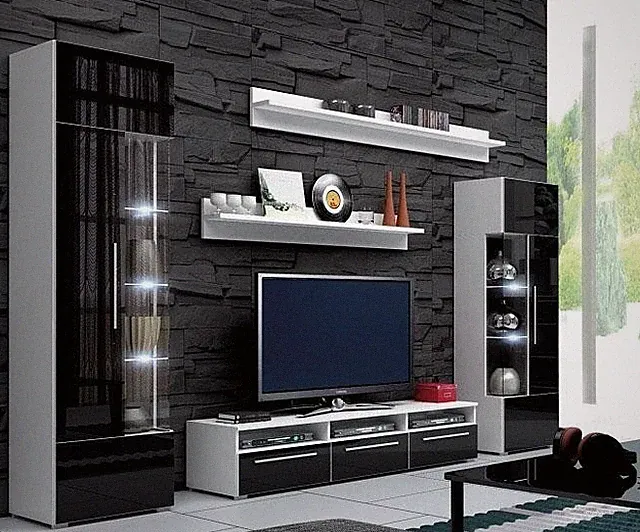 Wohnwand Wandregale Komplett Wohnzimmer TV-Lowboard Vitrine Set 5tlg