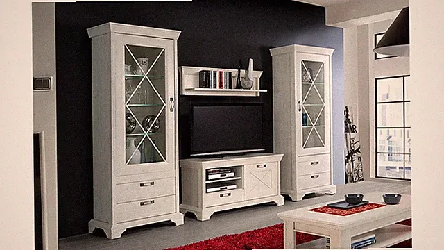 Wohnwand weiß Anbauwand 4-teiliges Set Kashmir 3 Vitrinen in Pinie mit LED
