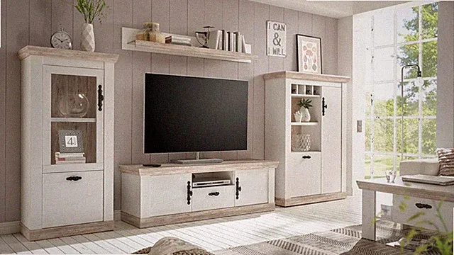 Wohnwand weiß Landhaus Anbauwand Wohnkombi Wohnzimmer Set Florenz 3 in Pinie