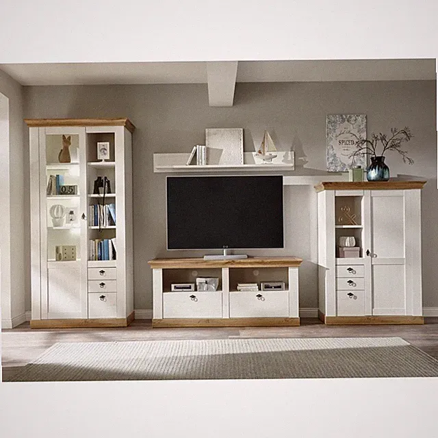 Wohnwand weiß mit Eiche Anbauwand Vitrinen-Schrank Lowboard Highboard Sideboard