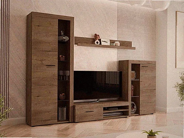 Wohnwnd Rosa Lowboard Vitrine Wohnzimmer-Set Schrankwand Beleuchtung LED
