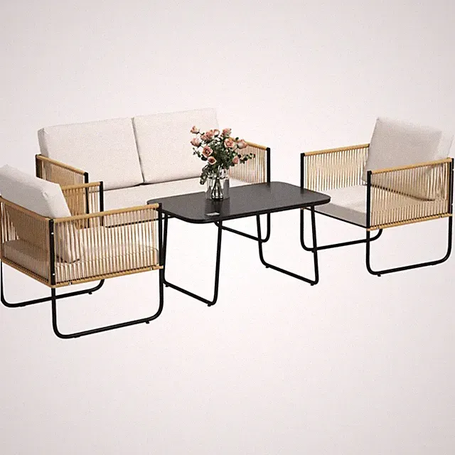 Wohnzimmer Garten 4-teilig Harz geflochten Sofa 2 Sessel Couchtisch Creme