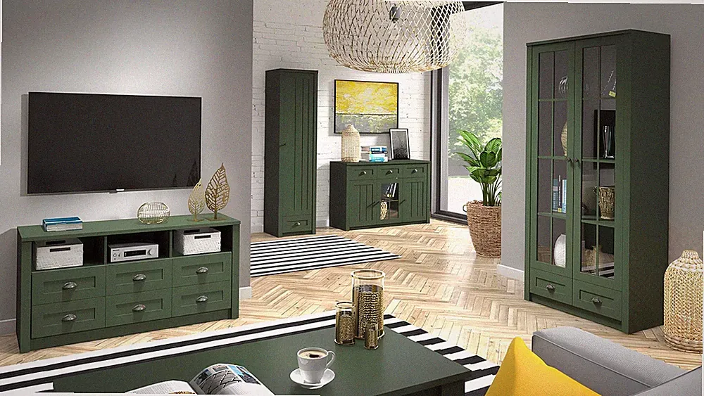 Wohnzimmer Komplettset Landhaus Möbel Set 5 tlg. Wohnwand Holz Kommode Tisch