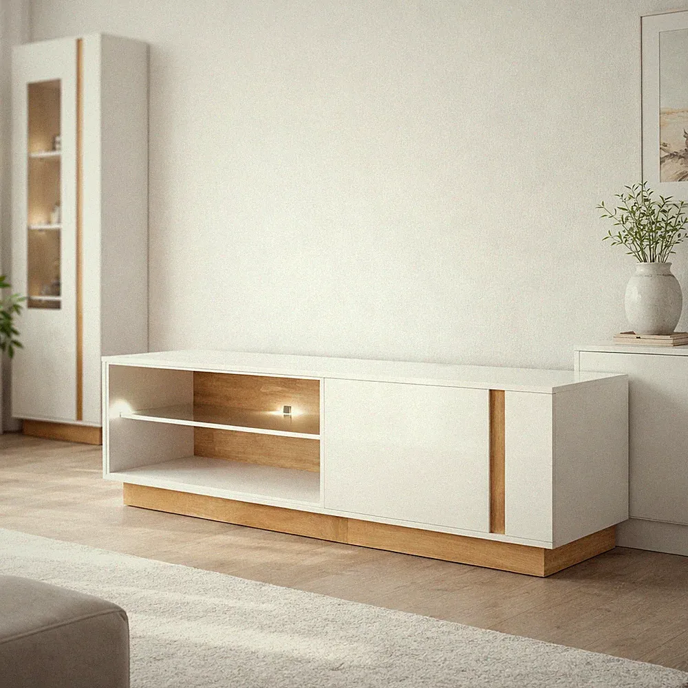 WOHNZIMMER MÖBEL ARDEN HOCHGLANZ WEISS EICHE VITRINE KOMMODE TV-SCHRANK COUCHTIS