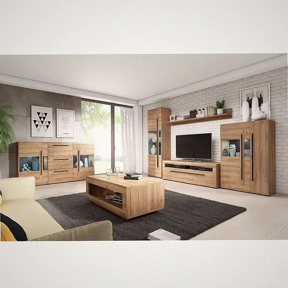 Wohnzimmer Set inkl. Wohnwand Sideboard und Couchtisch, Vitrine in Eiche Grandso