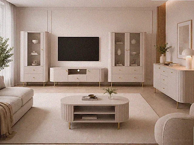 Wohnzimmer - Set OVALIO 2 x Vitrine Sideboard Lowboard Couchtisch 5-teilig Beige