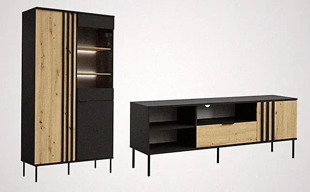 Wohnzimmer-Set Rodgau Wohnwand schwarz / Eiche Artisan Ausführung wählbar