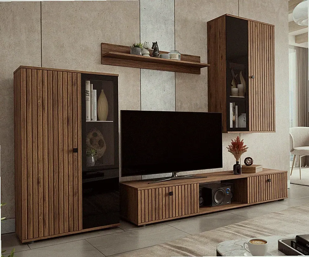 Wohnzimmer-Set Sammy MDF Schrankwand Wohnwand Anbauwand TV-Möbel Vitrinen PR M24