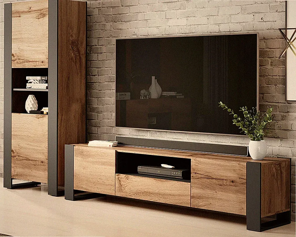 Wohnzimmer-Set Wood II Komplett Modern TV-Lowboard Vitrine Wohnmöbel M24