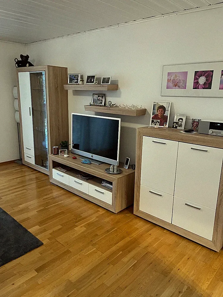 Wohnzimmerschrank Set Eiche sägerau Front Hochglanz,Vitrine,Fernsehbank,Kommode