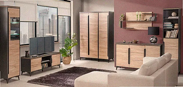 Wohnzimmerset Wohnwand Vitrine Kommode Tisch RTV Vitrinen Komplett 7tlg Set Neu