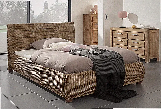 Wolf Möbel Rattanbett "Round" 180x200cm Rattan Holz Doppelbett Bettgestell Bett